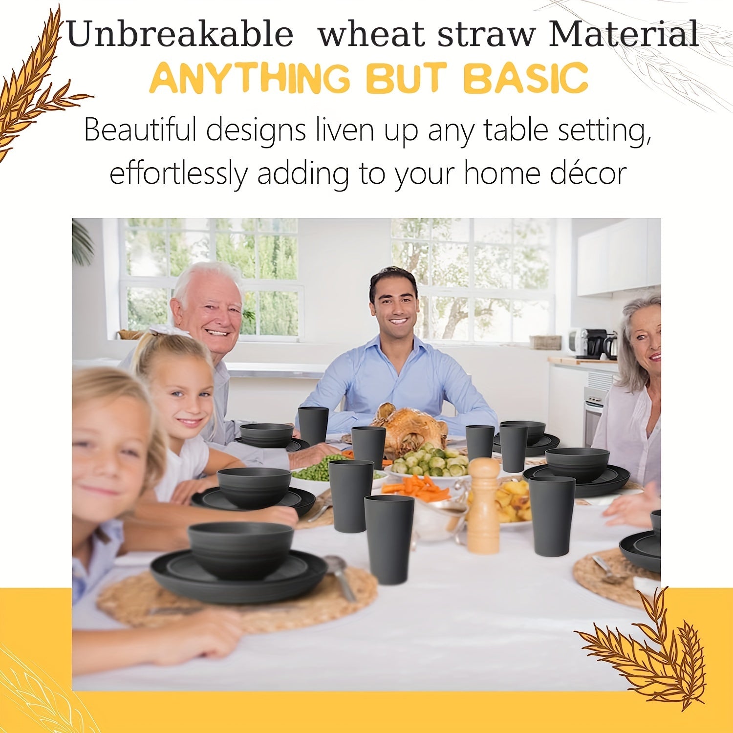 the product is made from from wheat straw family sitting around the tabl