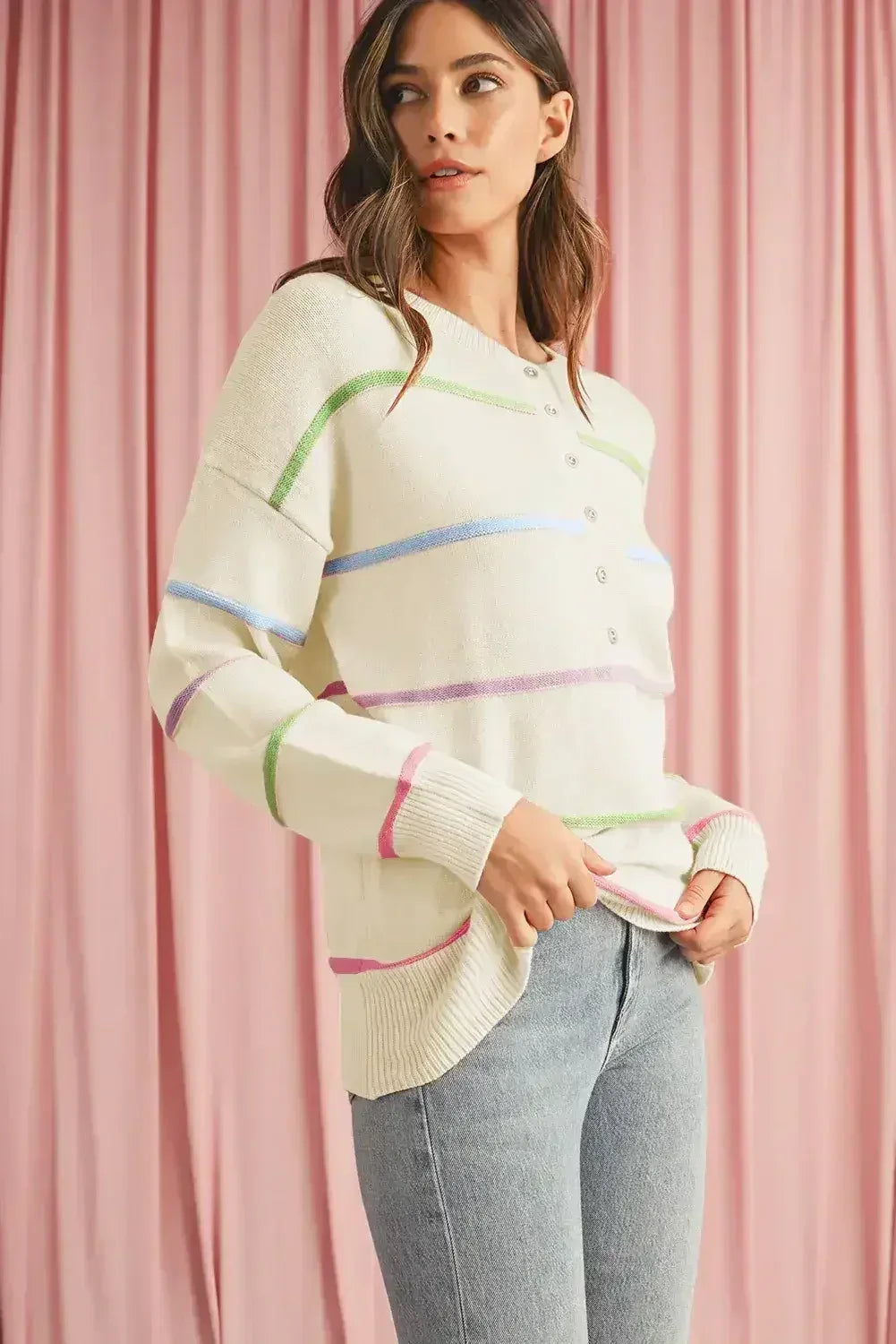 White Rainbow Striped Drop Sleeve Henley Sweater