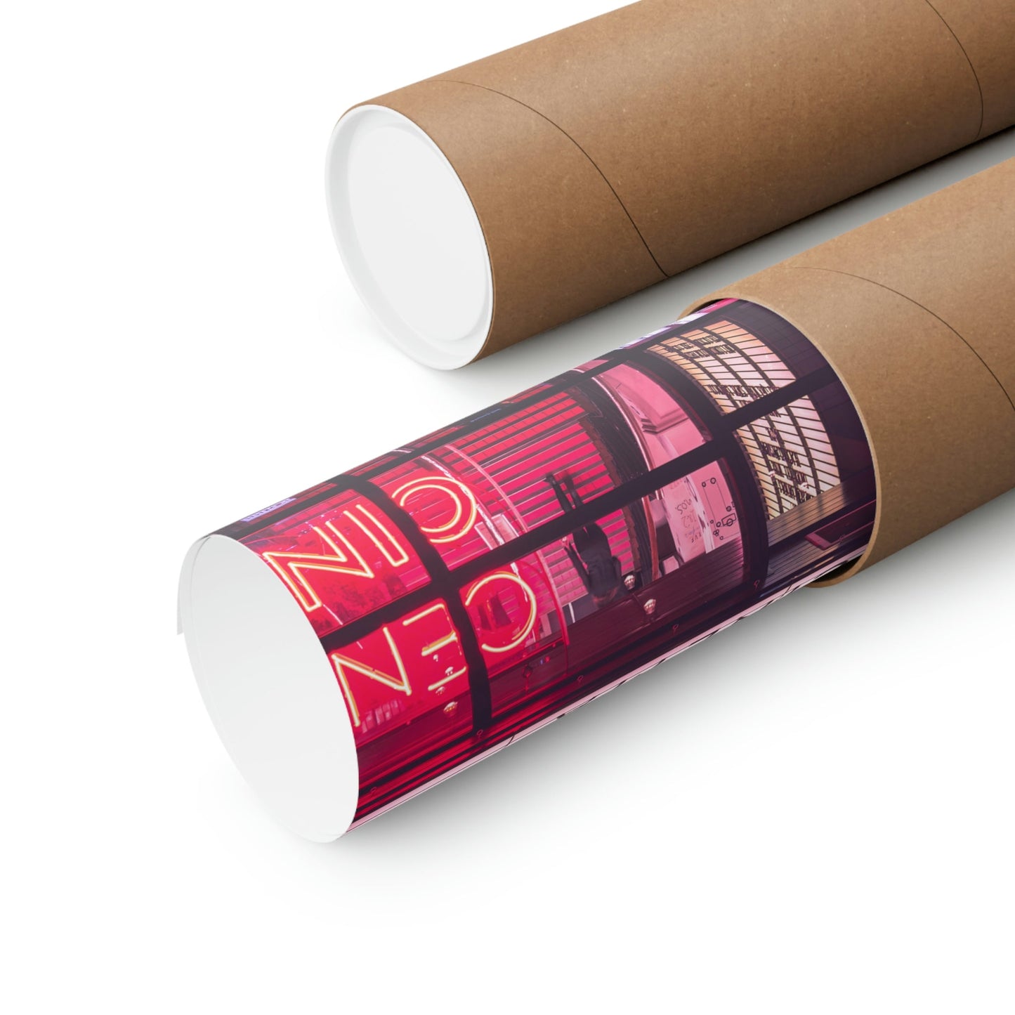 Cardboard tube with a printed design on a white background