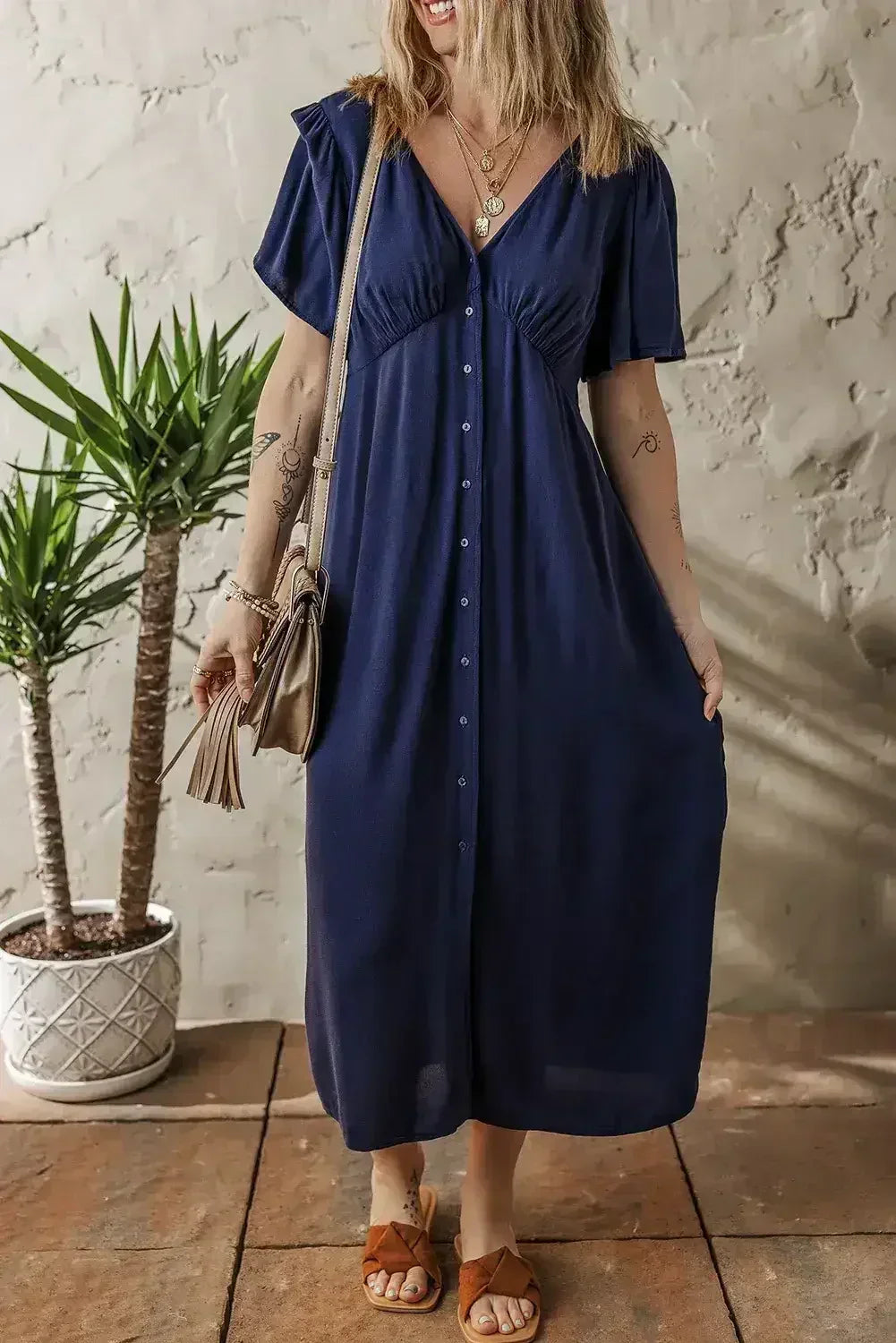 Navy Blue V Neck Buttoned Front Shirred Back Short Sleeve Midi Dress