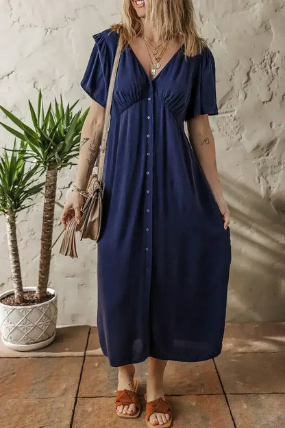 Navy Blue V Neck Buttoned Front Shirred Back Short Sleeve Midi Dress