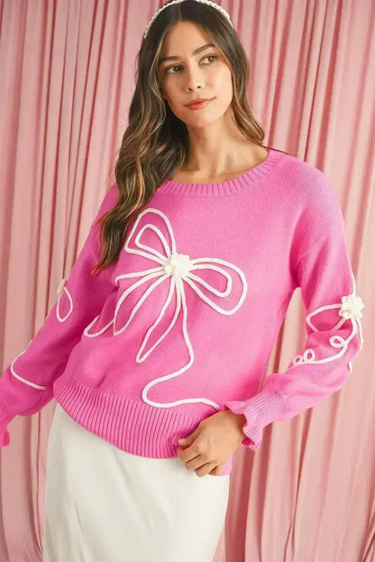Bright Pink Sweet Bow Pattern Drop Sleeve Knit Sweater