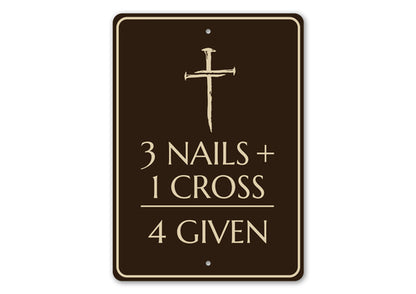 Decorative sign with cross and text on a brown background