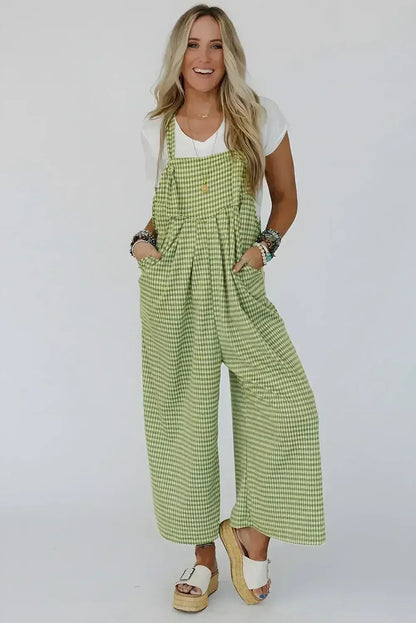 Green Gingham Wide Leg Pockets Loose Overall