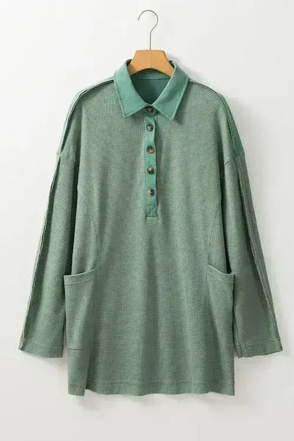 Pink Waffle Long Sleeve Collared Half Button Relaxed Fit Top