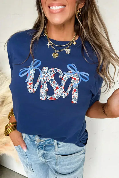 Blue Bow Floral usa Letter Print Independence Day Graphic T Shirt