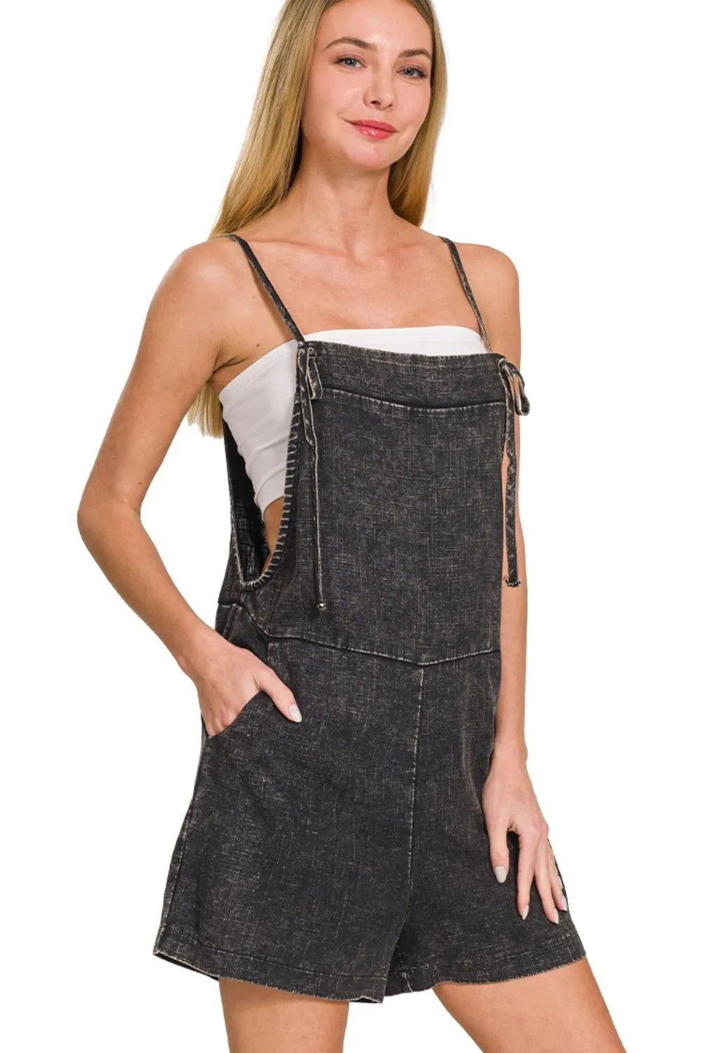 Zenana Washed Linen Knot Strap Rompers