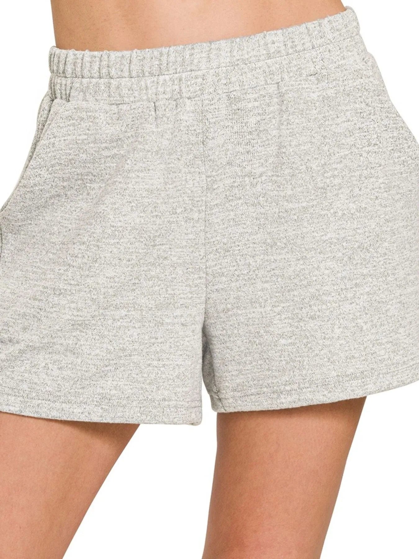 Zenana Soft Melange Hacci Elastic Waist Band Shorts in Grey