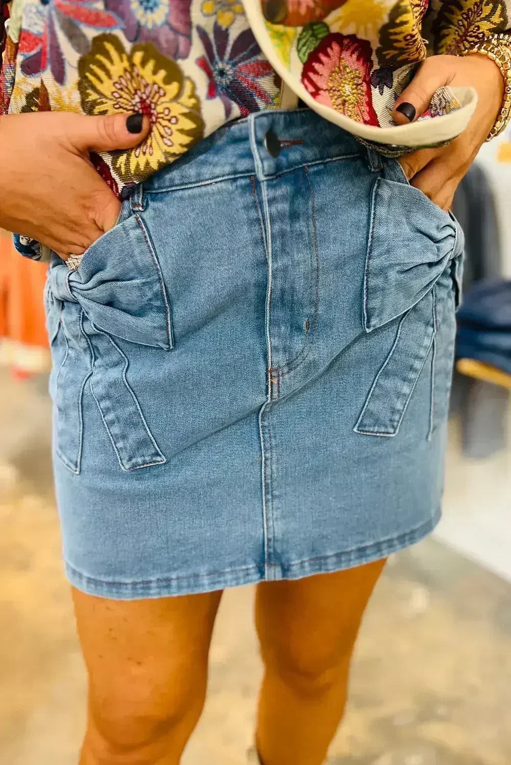 Dusk Blue Acid Washed Bowknot Details High Waist Denim Skirt