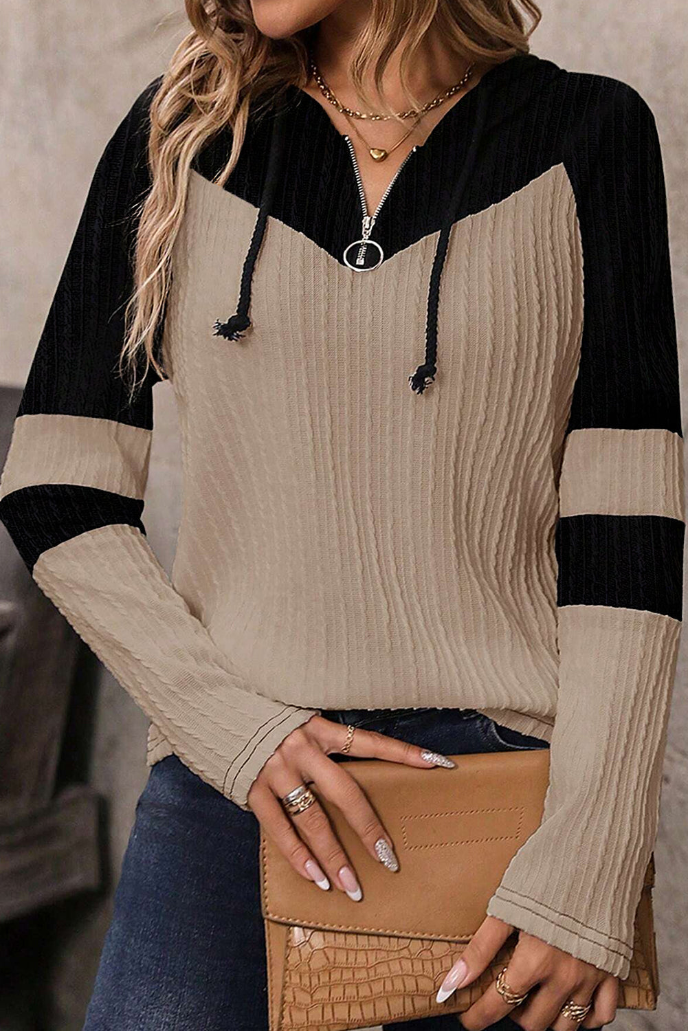 Parchment Textured Patchwork Long Sleeve Hooded Women's Top