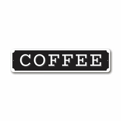 Black sign with 'COFFEE' text on a white background