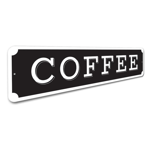 Black sign with 'COFFEE' in white letters on a white background