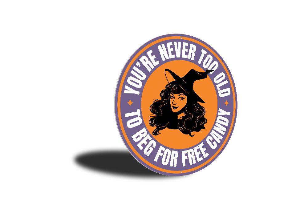Circular sticker with a witch graphic and text on an orange background