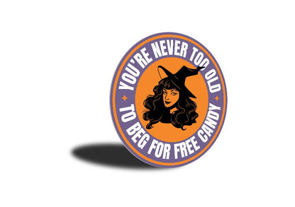 Circular sticker with a witch graphic and text on an orange background