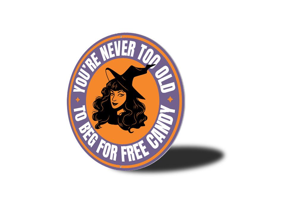 Circular sticker with a witch design and text on an orange background
