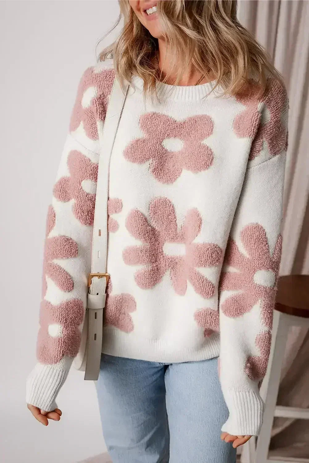 White Vintage Flower Drop Shoulder Loose Sweater