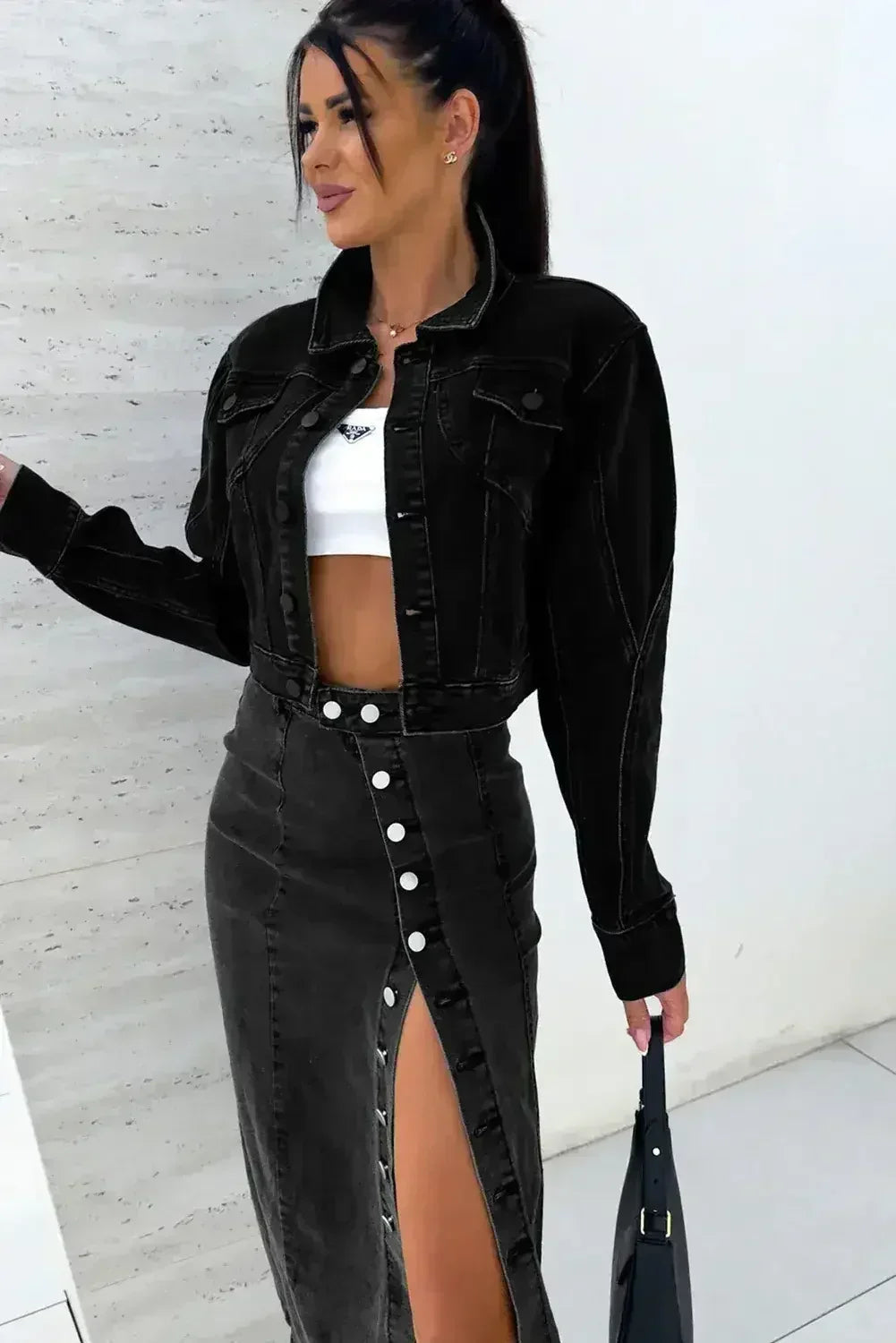 Black Button Fly Side Split High Waist Denim Midi Skirt