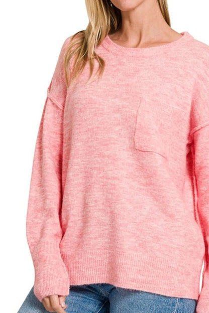 Zenana Melange Hi-low Hem Round Neck Sweater