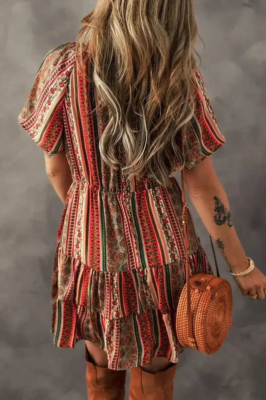 Red Bohemian Floral Print Buttoned V Neck Ruffle Tiered Dress