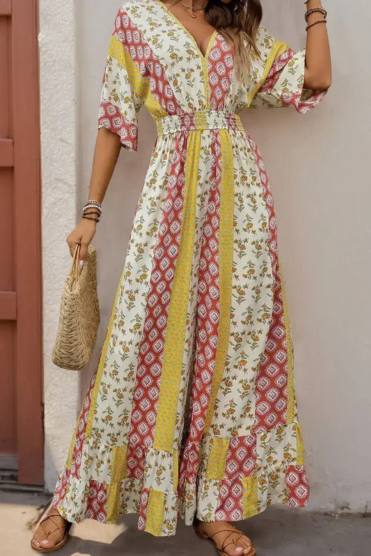 Yellow Boho V Neck Half Sleeve Patchwork Maxi Dress