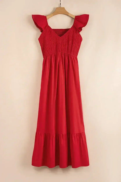 Black V Neck Flutter Sleeve Smocked Bodice High Waist Ruffle Maxi Dress