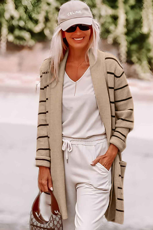 Black Stripe Cardigan with Side Pockets and Open Front