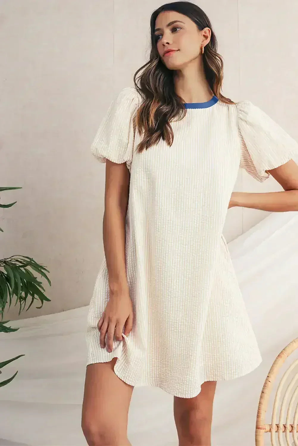 Beige Striped Print Puff Sleeve Textured Mini Dress