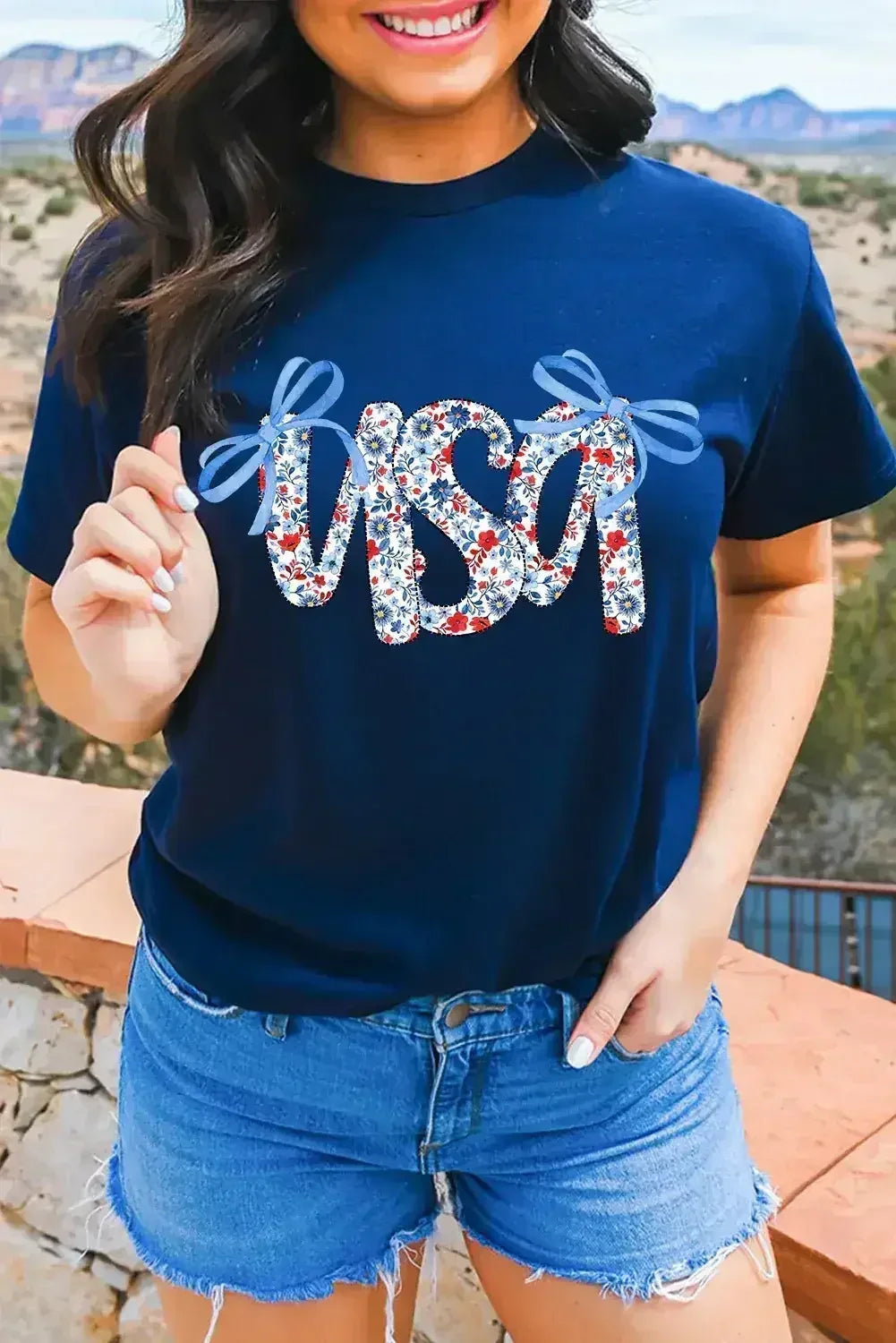Blue Bow Floral usa Letter Print Independence Day Graphic T Shirt