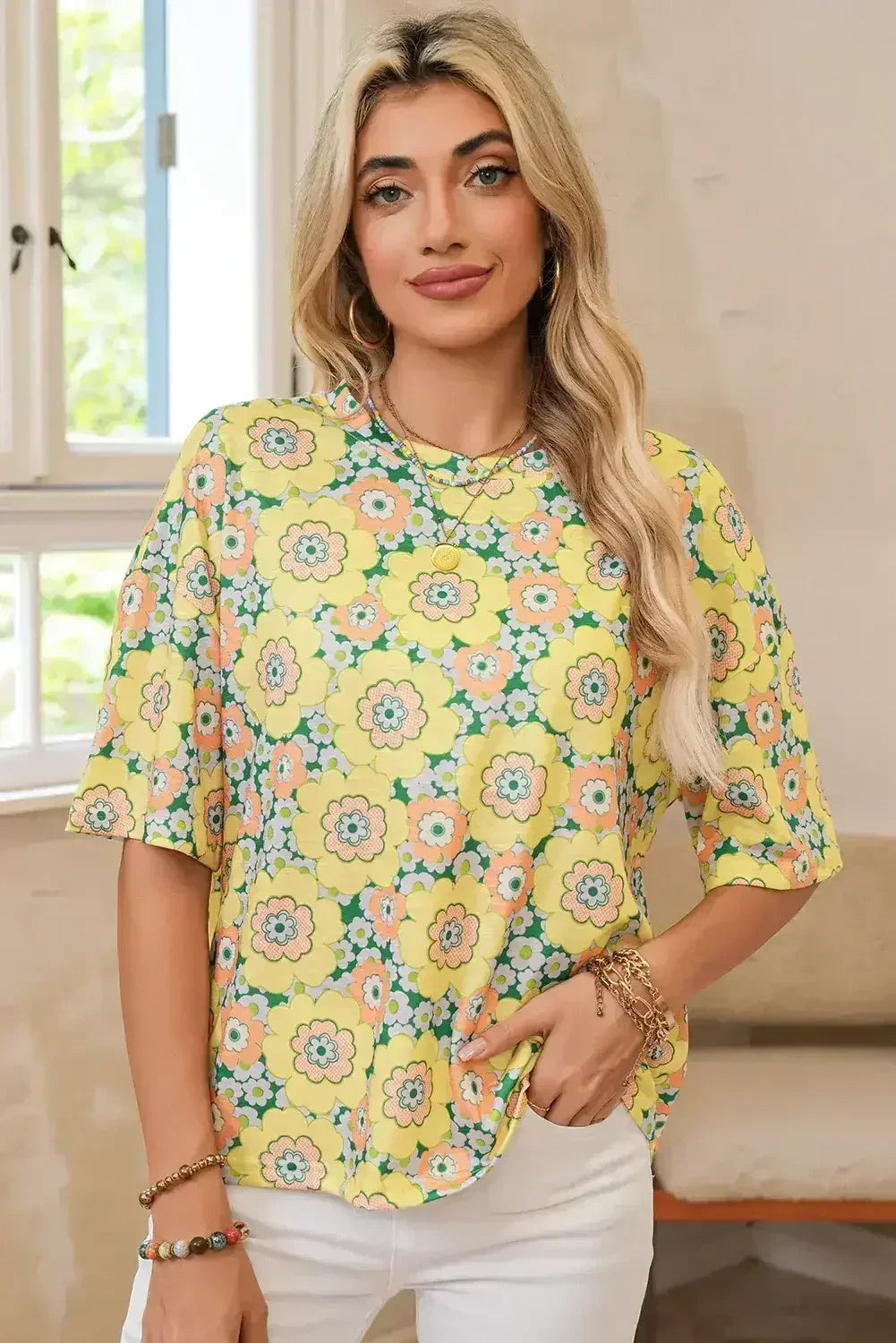 Yellow Summer Flower Print Drop Shoulder Loose T Shirt
