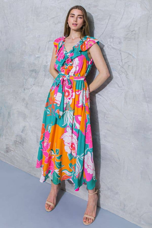[Sizes SM-L] Floral Printed Woven Midi Dress in Teal Orange | Ruffled