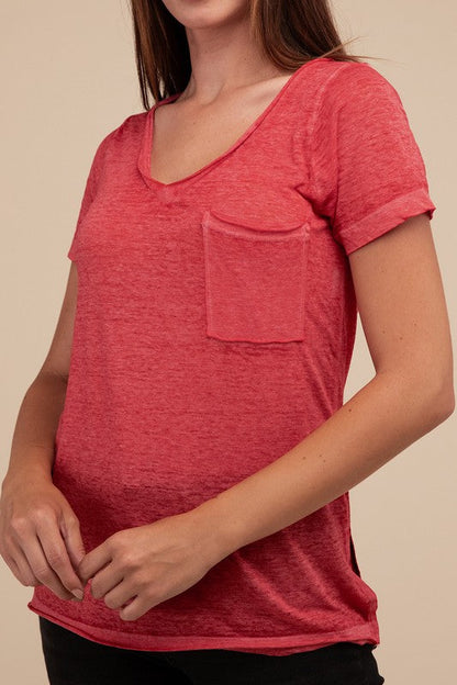 ZENANA Washed Melange Burnout Scoop V-Neck Top