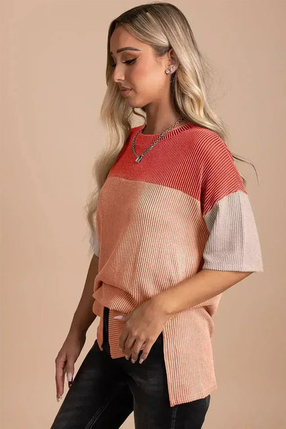 Black Color Block Ribbed Side Slits Half Sleeve Top