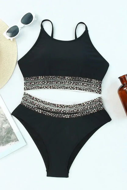 Rose Leopard Print Spaghetti Strap Padded Wireless Two Piece Swimsuit