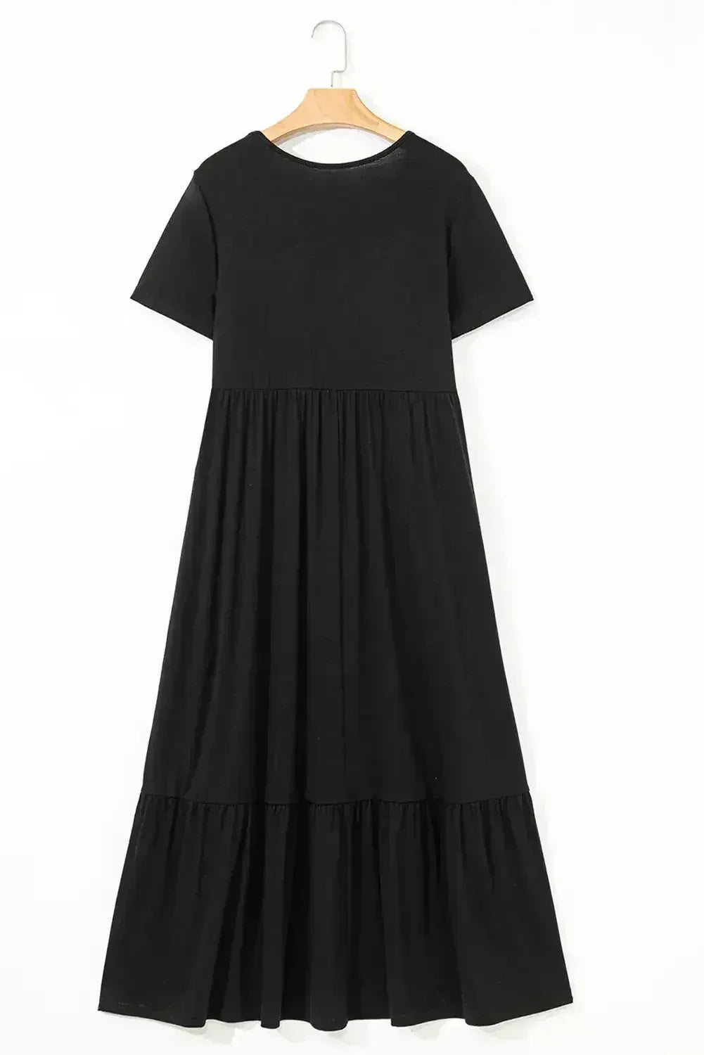Black Solid Color Short Sleeve High Waist Pocketed Midi Dress