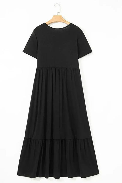Black Solid Color Short Sleeve High Waist Pocketed Midi Dress