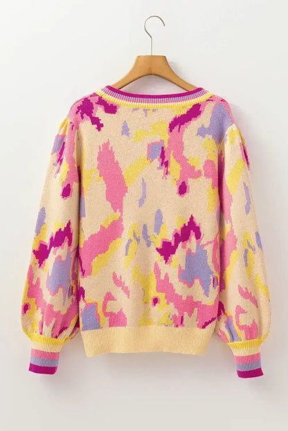 Abstract Balloon Sleeve Sweater - Colorblock Knit | Femstylo