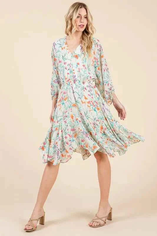 Lime and Chili Dress with Cinched Waist and Balloon Sleeves