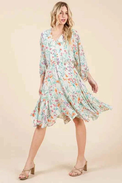 Lime and Chili Dress with Cinched Waist and Balloon Sleeves