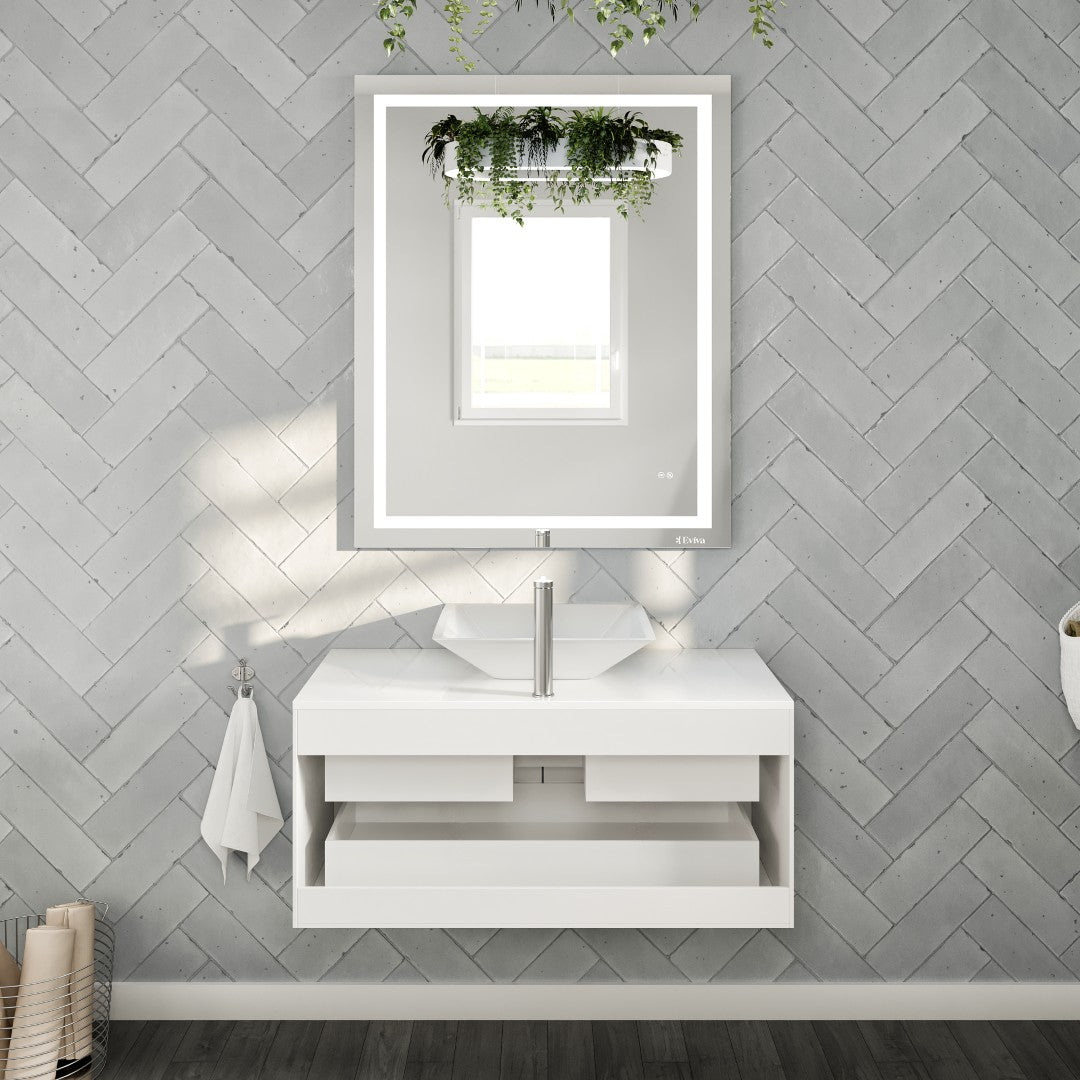 Eviva Wave Wall Mount Bath Vanity with White Quartz Top and Vessel Porcelain Sink (24"-72")