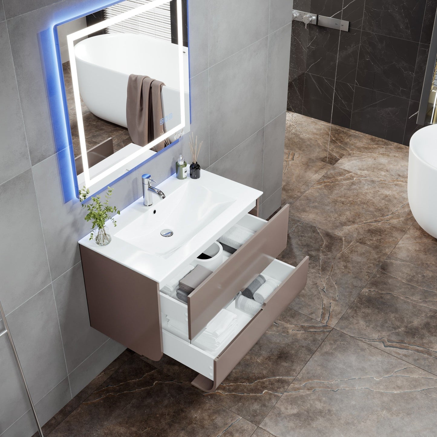 Eviva Ways Wall Mount Bath Vanity with Porcelain Top and Integrated Sink