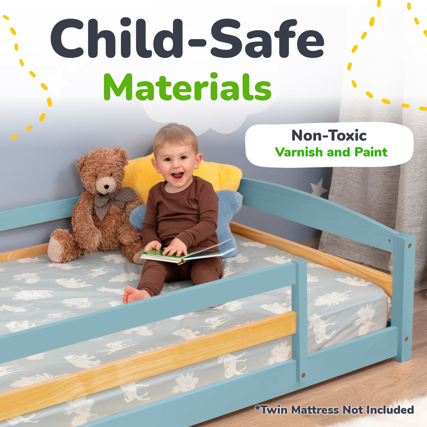 Child sitting on a bed with a teddy bear, surrounded by text about child-safe materials and non-toxic varnish and paint.