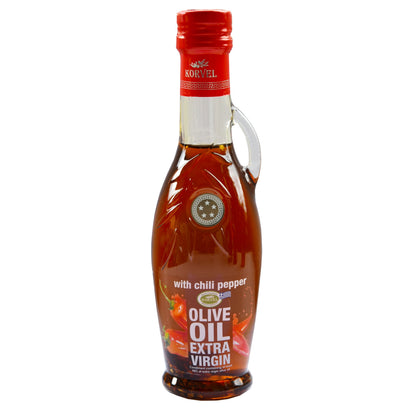 KORVEL Greek Extra Virgin Olive Oil with Chili Pepper, Amphora 8.45 fl oz (250ml) - 6 pack