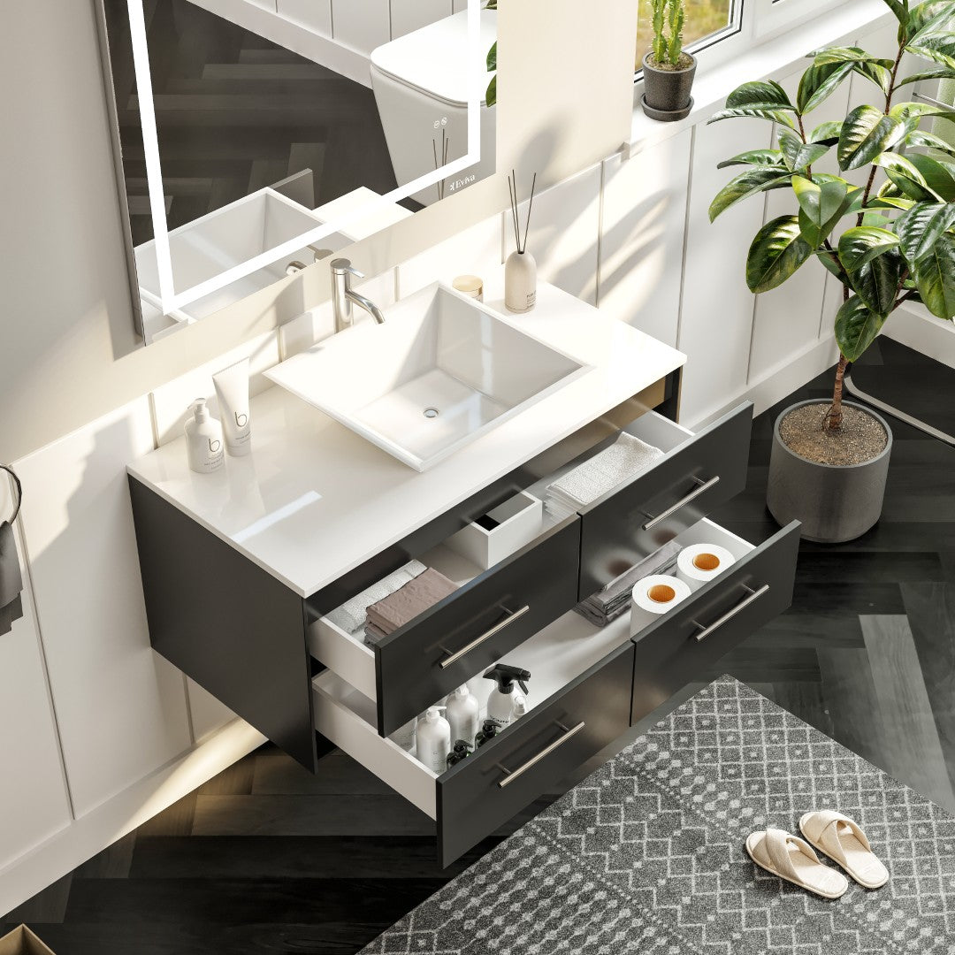 Eviva Wave Wall Mount Bath Vanity with White Quartz Top and Vessel Porcelain Sink (24"-72")