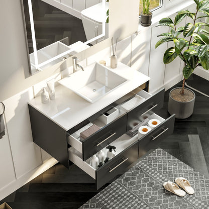 Eviva Wave Wall Mount Bath Vanity with White Quartz Top and Vessel Porcelain Sink (24"-72")