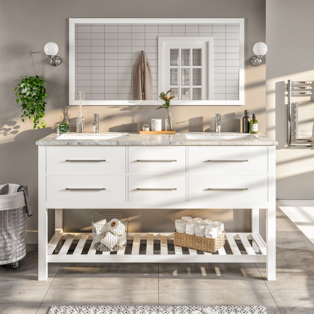 Eviva Natalie Bath Vanity with Carrara Marble Top and Undermount Porcelain Sinks