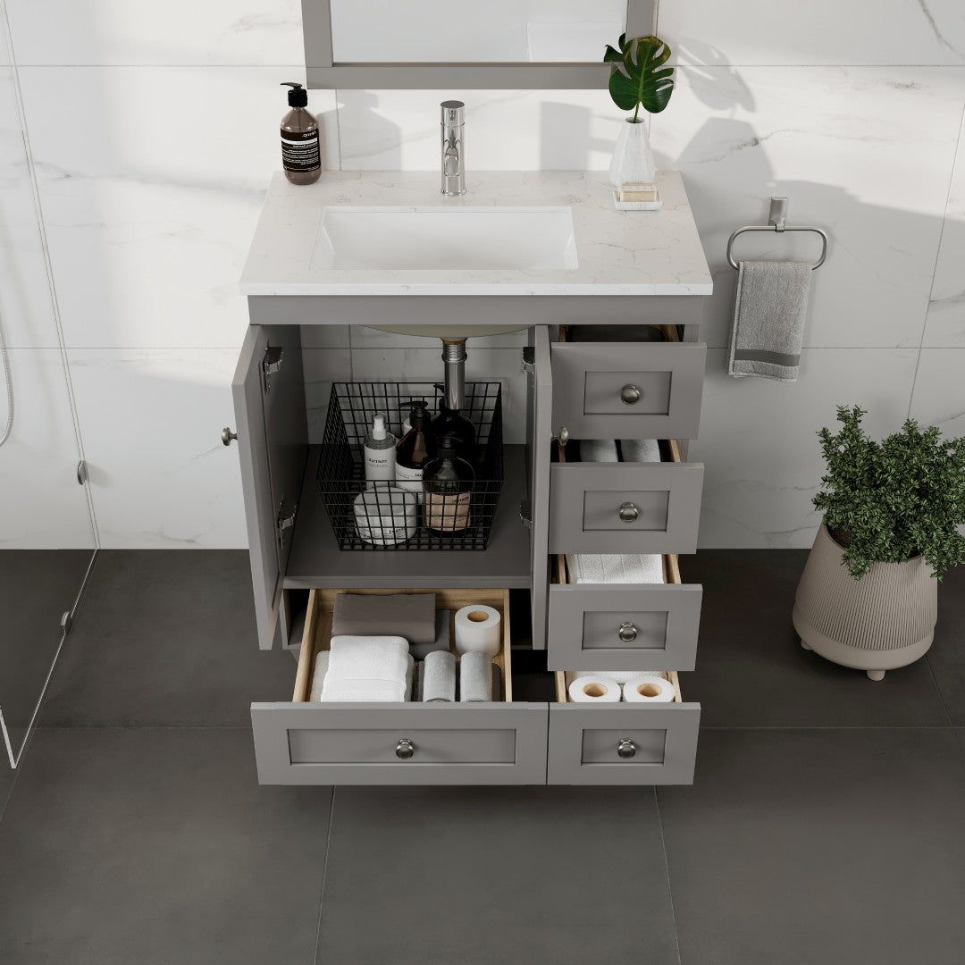 Eviva Happy Bath Vanity with Carrara Quartz Top and Undermount Porcelain Sink (24"-30")
