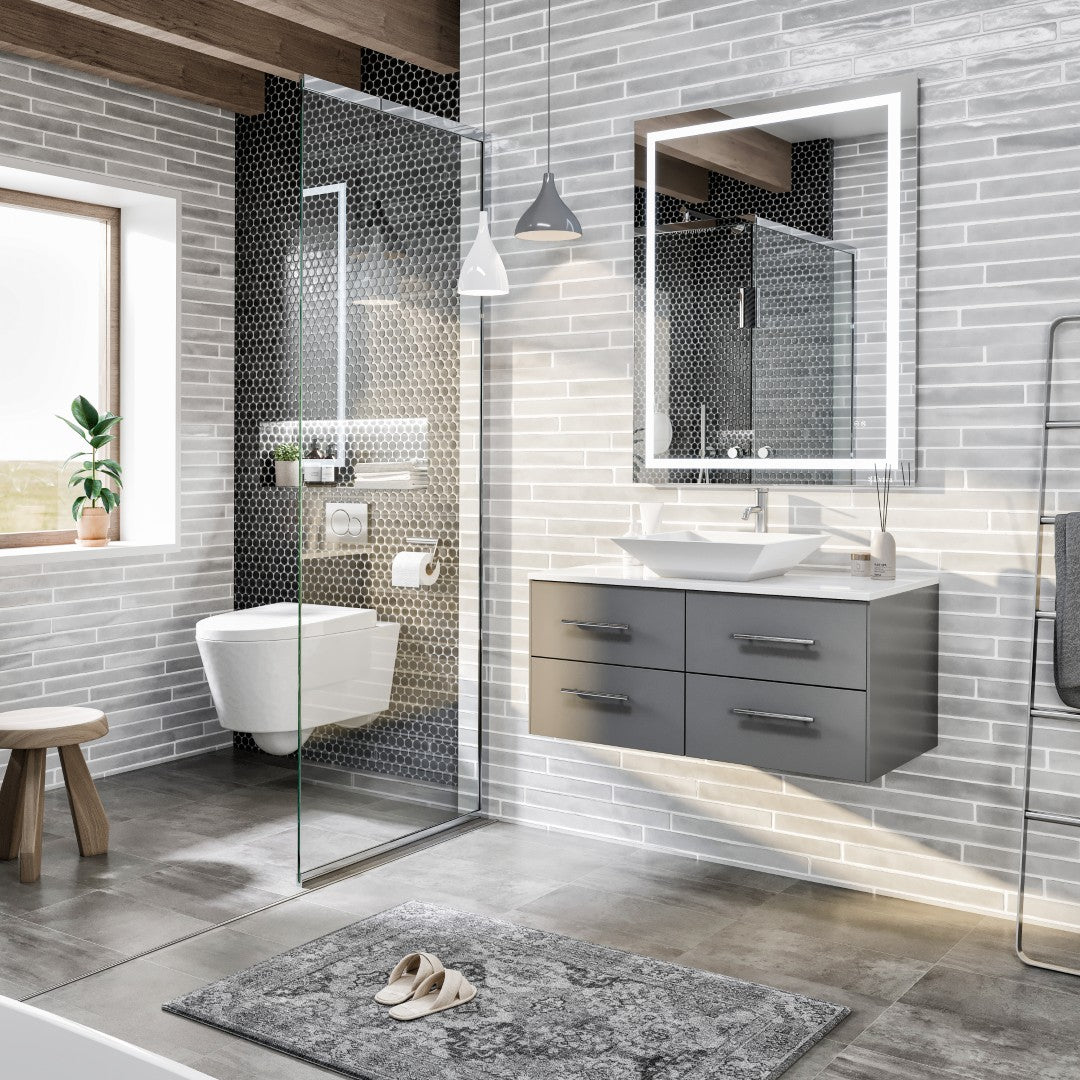 Eviva Wave Wall Mount Bath Vanity with White Quartz Top and Vessel Porcelain Sink (24"-72")