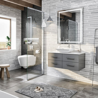 Eviva Wave Wall Mount Bath Vanity with White Quartz Top and Vessel Porcelain Sink (24"-72")