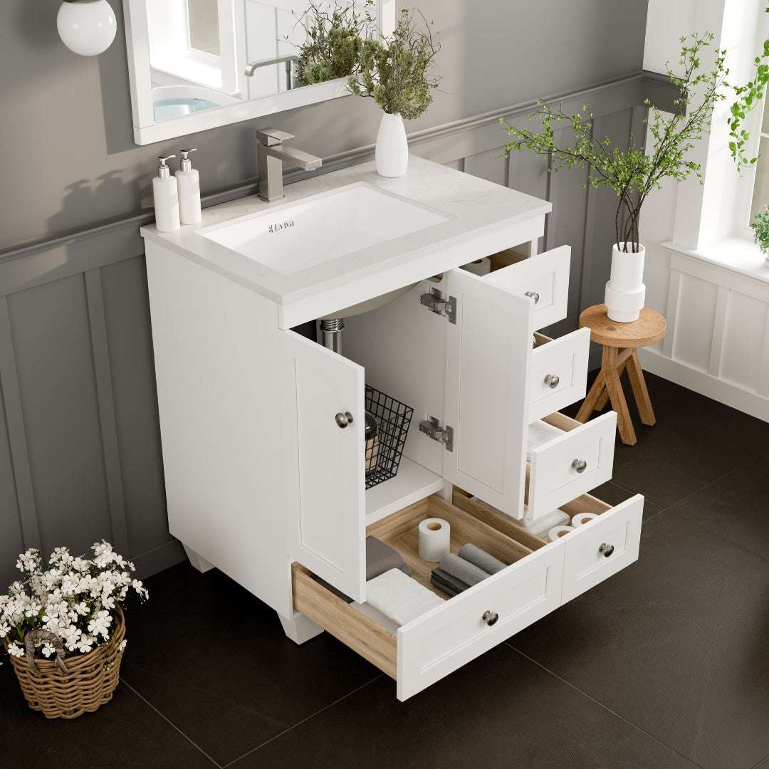 Eviva Happy Bath Vanity with Carrara Quartz Top and Undermount Porcelain Sink (24"-30")