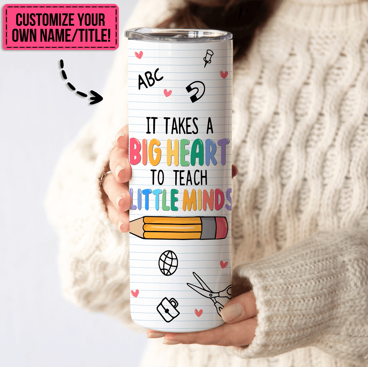 It Takes A Big Heart to Teach Little Minds - Personalized Custom 20oz Skinny Tumbler Cup - Personalized Custom Youth T Shirt - Back To School/ First Day Of School, Loving, Funny Gift for Teacher, Kindergarten, Preschool, Pre K, Paraprofessional